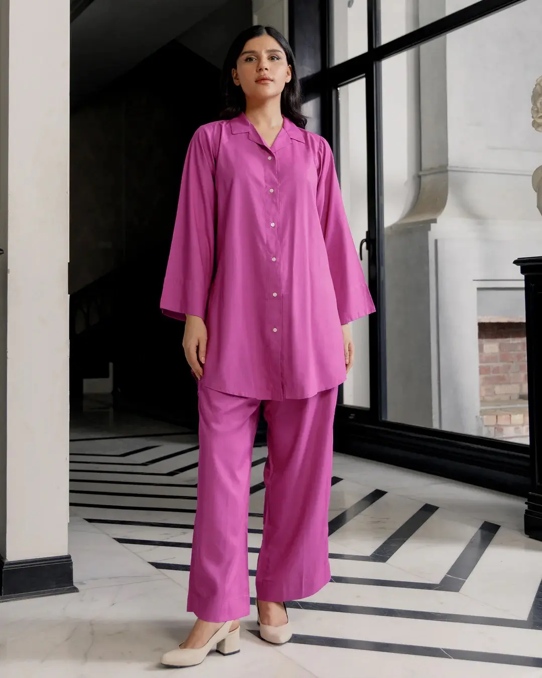 Fuchsia Cuban Collar Co-ord Set - Bold Fuchsia Two-Piece Set with Cuban Collar Shirt & Relaxed Trousers in 100% Viscose for All-Day Comfort