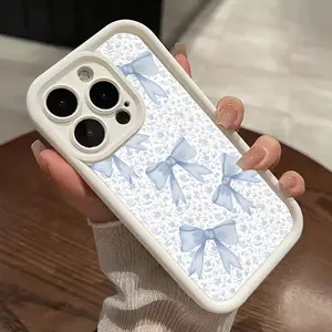 Blue Bow Flower Phone Case for iPhone 16 15 14 Pro Max 13 12 11 XR XS Plus Shockproof Drop Protection Rugged Durable Silicone Cover