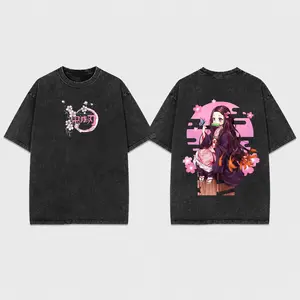 Valentine Retro Nezuko Graphic T-Shirt, Vintage Washed Cotton Cherry Blossom Print, Oversized Anime Streetwear Gift for Fans