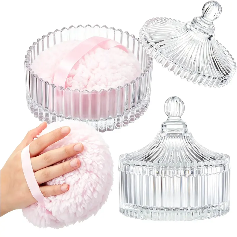 2Pcs Extra Large Velour Dusting Powder Puff Set with 6 Inch Crystal Glass Powder Container, Reusable Washable Soft Makeup Powder Applicator, Portable Storage Case for Face Body Cosmetic Powder, Ideal Beauty Gift for Women