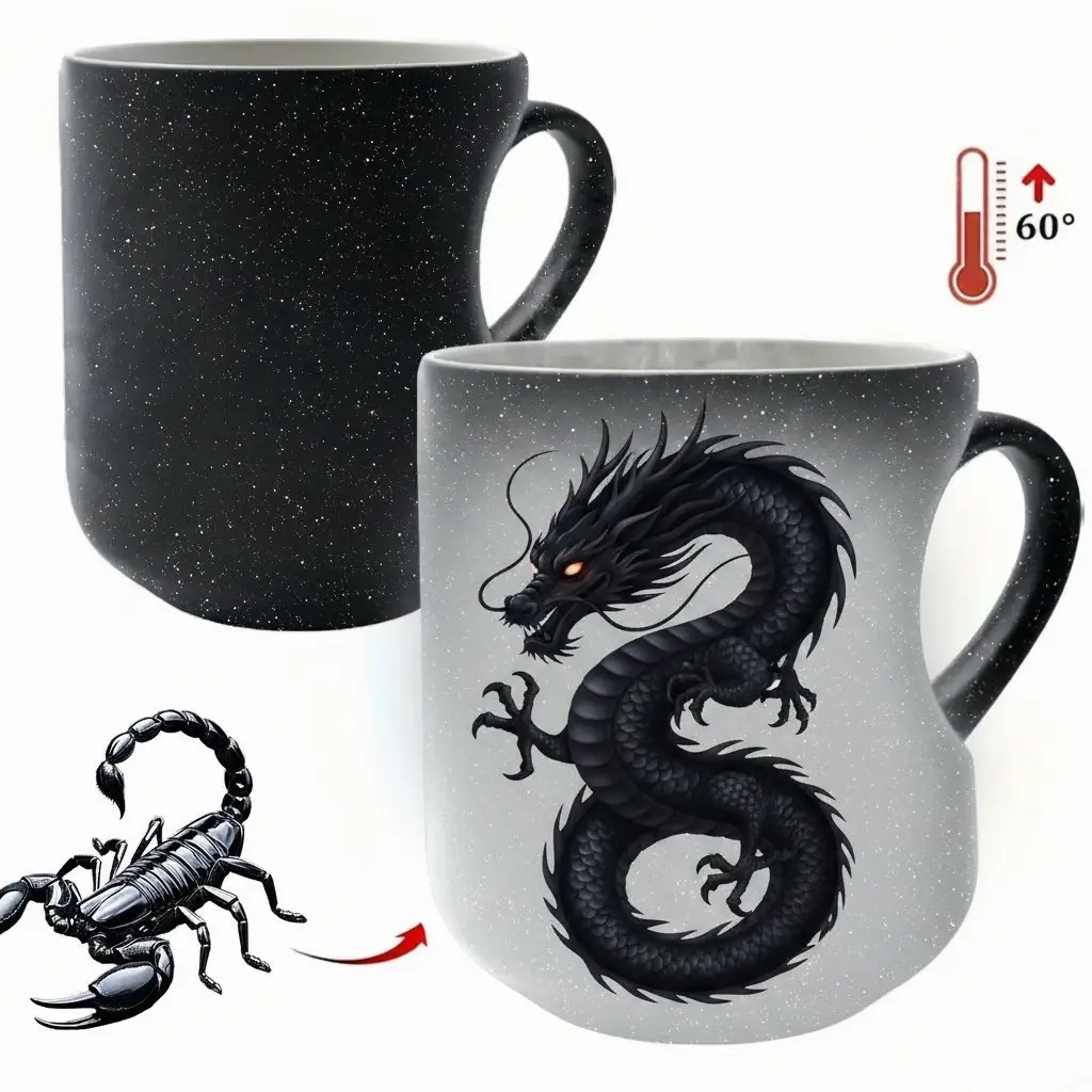 Thermosensitive Ceramic Mug: Mystical Scorpio-to-Mighty Dragon Transformation Design - 11 oz / 330 ml Heat-Reactive Mug (Activates at 60°C) for Coffee, Tea & Hot Beverages - Unique Stylish Gift for Fantasy Lovers, Birthday Presents for Friends