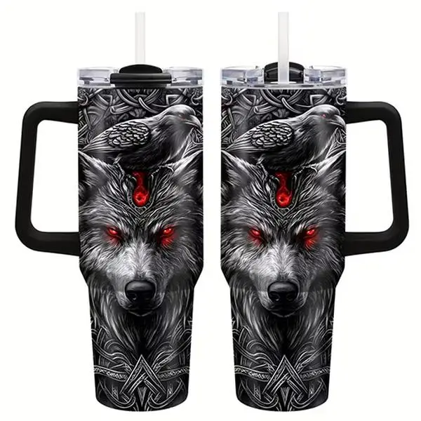 Viking Wolf Crow Tumbler Father's Day Gift, 40oz Travel Mug with Handle, Norse Mythology Odin Raven Axe Coffee Cup, Insulated Stainless Steel Tumbler for Dad Husband Men, Cool Badass Viking Cup Father's Day Present