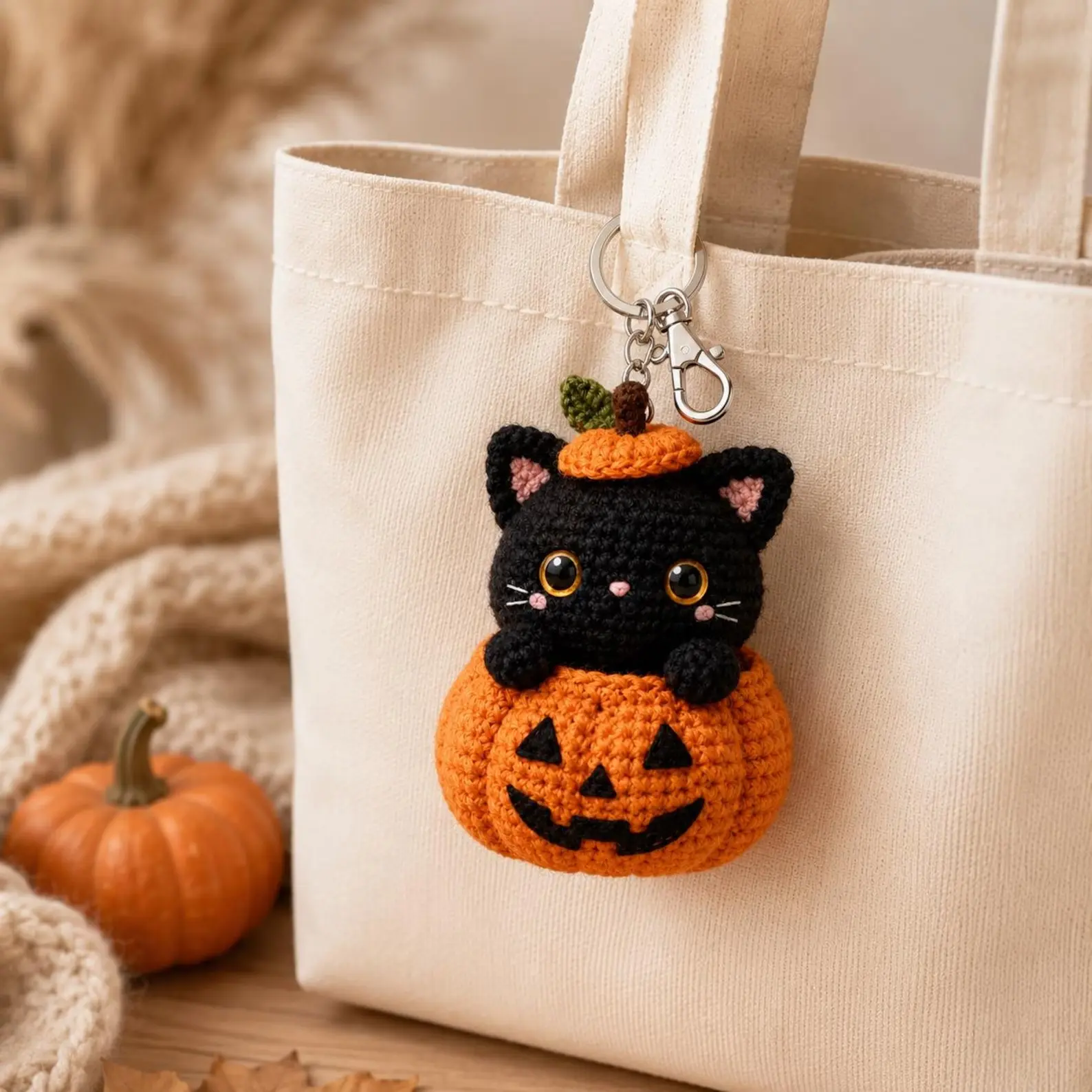 Halloween Black Cat Crochet Keychain, Pumpkin Kitty Amigurumi Bag Charm, Cute Spooky Fall Gift, Handmade Cat Lover Accessory