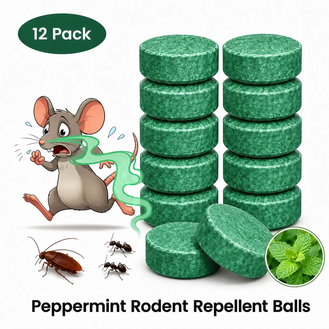 12-Pack Natural Rodent Repellent Multi-Insect Peppermint Oil Formula - Fast-Acting, Eco-Friendly, Cost-Effective, User-Friendly, Long-Lasting Home Pest Control for Closets, Basements, Garages (Deters Rats, Mice, Ants)