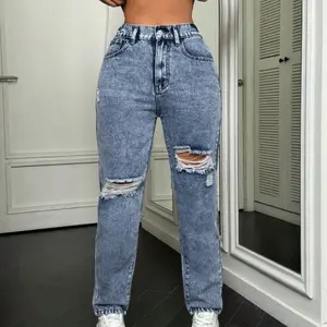 PETITE Pantalones vaqueros cónicos informales y holgados para mujer, con detalles descosidos en color azul