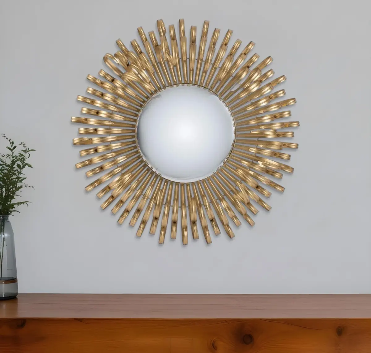 360 Stand 27 in. Contemporary Ornate Iron Finish Glass Accent Mirror, Gold Sunburst Framed Home Decor Mirror
