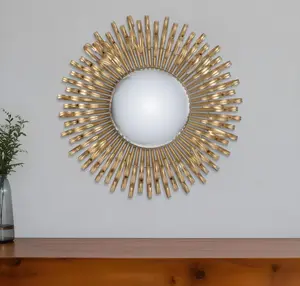 360 Stand 27 in. Contemporary Ornate Iron Finish Glass Accent Mirror, Gold Sunburst Framed Home Decor Mirror