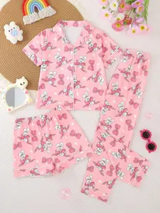 Girls' Cartoon Rabbit Bow Tie All-Over Printed Sleepwear Set, Casual Fitted Short Sleeve Cardigan & Shorts Pants, Four Seasons Wear, Casual Comfy Pajama