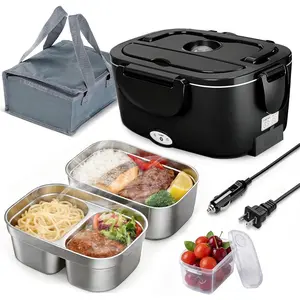 Electric Lunch Box for Adults, 80W Heated Lunch Box  Heater with Dual 1.5L SS Containers, 12V/24V/110V 3 in 1 Portable  Warmer for Work,,,Office,