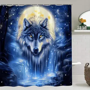 Creative Moon Night Wolf Fantasy Landscape Bathroom Decor Set, Gift Christmas, Includes Shower Curtain, Mat, Toilet Seat Cover, 12 Hooks, Waterproof, Shower Curtain Sets