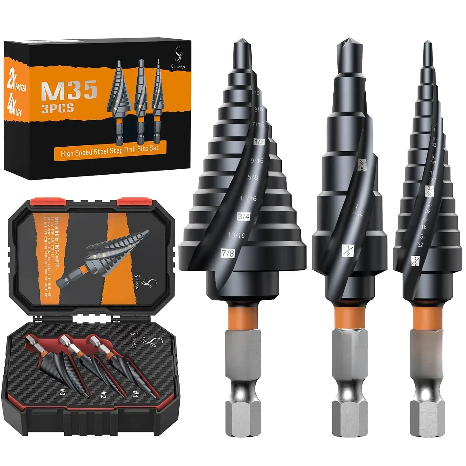 3 count Unibit Step Drill Bit Set (1/4"-7/8"), M35 Cobalt, TiAlN Coated for Superior Durability, Spiral Cone Drill for Stainle Steel, Sheet Metal,  & Plastic