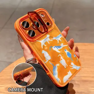 Phone Case: Orange Base With Blue And White Cat Pattern, Metal Camera Protection Cover, Magnetic UV Printed Phone Case, Suitable For IPhone 17/16/15/14/13/12 Pro Max/Pro/Plus Series, A Great Gift For Friends And Family On Halloween, Christmas, And