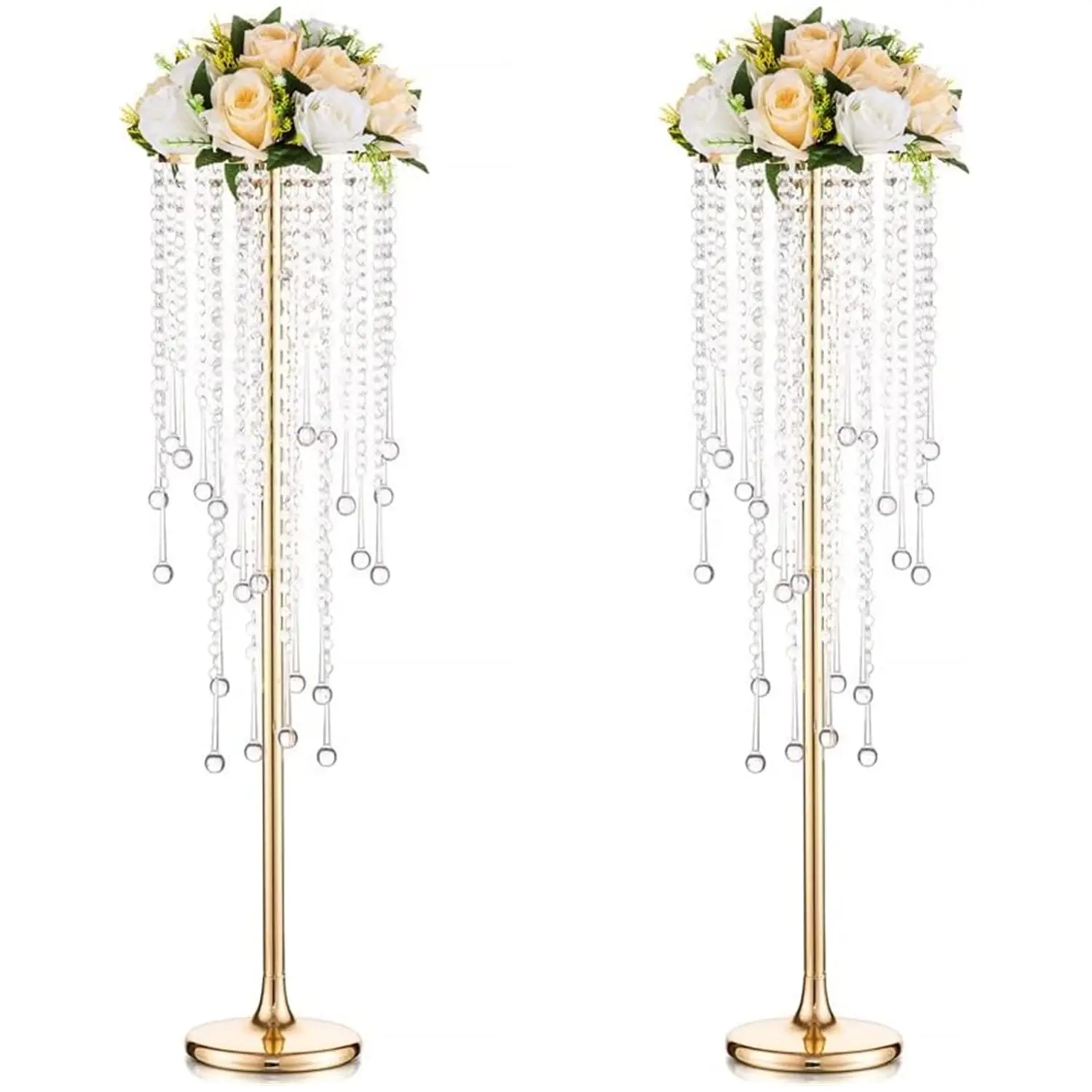 Metal Gold Vase Set (2pcs/10pcs Options), 29.6in Tall, Chandelier Crystal Accent, Elegant Designs, Rust-Resistant, Ideal as Centerpiece for Weddings, Banquets, Anniversaries, Home Decor