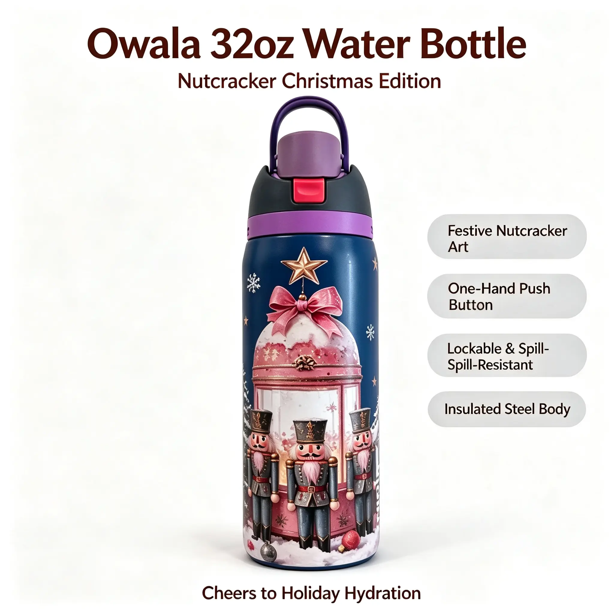 Owala 32oz Water Bottle, Nutcracker Christmas Edition – Festive Holiday Art, One-Hand Push Button, Lockable Spill-Resistant Lid, Insulated Steel, Large Capacity for Gifting, Cozy Home, Winter Commutes & Everyday Hydration