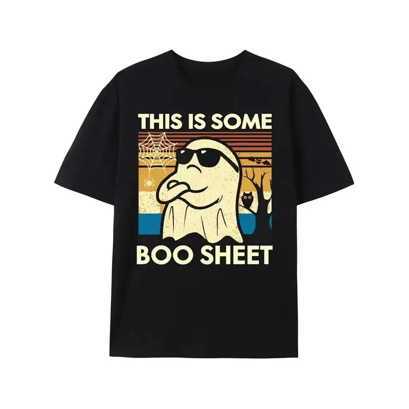 Men's Funny Halloween "This Is Some Boo Sheet" Ghost Print Short Sleeve T-Shirt - 100% Cotton Crew Neck, US-Made High Quality Printing, Breathable Casual Wear, Classic Fit Black Top, S-4XL