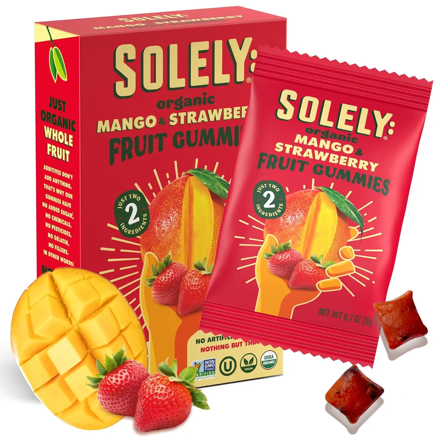 SOLELY - Organic Mango & Strawberry Whole Fruit Gummies (Pack of 1 Box, 5 Bags per Box) - Real Fresh Fruit - Healthy Snacks for Adults & Kids - Non GMO, Vegan Snacks, Shelf Stable - 5 Bags (3.5 oz)
