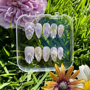 [Lilac] Medium Almond Handmade Press on Nails, Fake Nails with Nail tool kit with Jelly Stickers, Reusable, Durable