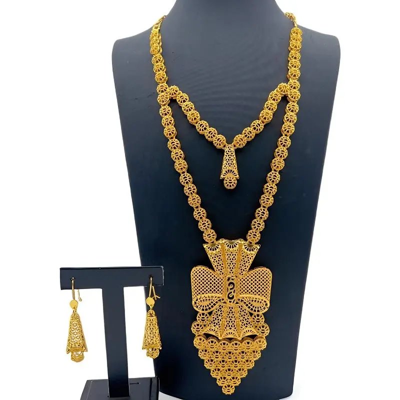 Women's Gold-Plated Jewelry Set, 2-Piece Ethnic-Inspired Layered Necklace & Drop Earrings with Artisanal Filigree, for Bridal & Evening Wear, Artisanal Jewelry Sets, Bling Jewelry Sets