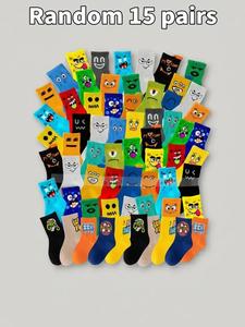 random 15 pairs boys' monster cartoon sports socks, soft comfortable all-season school socks, colorful outdoor running socks