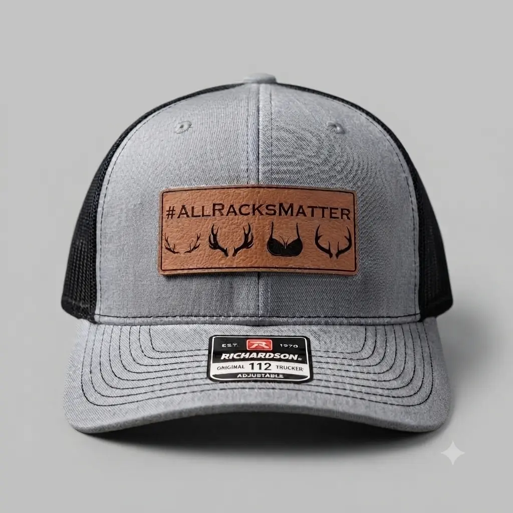 AllRacksMatter Leather Patch Trucker Hat – Funny Hunting Snapback Cap, Gift for Hunters, Outdoorsmen & Husbands