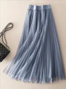 Women's Solid Color Tape Waist Pleated Tulle Skirt, Elegant Fashion A Line Skirt for Party Dating Wear, Ladies Bottoms for All Seasons