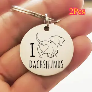 2Pcs Durable Stainless Steel I Love Dachshunds Keychain, Casual Style Dog Lover Charm for Wallet, Backpack, Unisex Gift for Pet Owners Personalized Heart Tag Collars