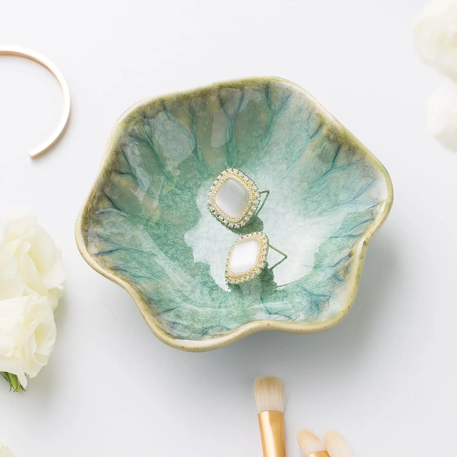 Ceramic Ring Dish,  Dish Holder, Small Trinket Tray Plate for Earrings Rings Necklaces , for Mom Friend Sister, Retro Green
