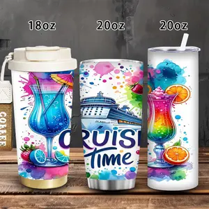1 pc 18 oz/20 oz watercolor cruise fun tumbler with lid and straw — colorful cocktails, vibrant vacation vibe; winter insulated travel mug; gift for women and men; ideal for Valentine’s Day, Easter, and birthdays; suitable for iced or hot coffee
