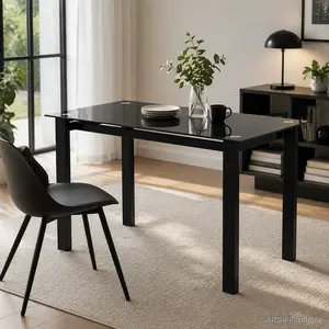 Modern Black Tempered Glass Dining Table - Glass Tabletop, Simple Rectangular Metal Legs - Indoor Furniture for Living Room, Kitchen