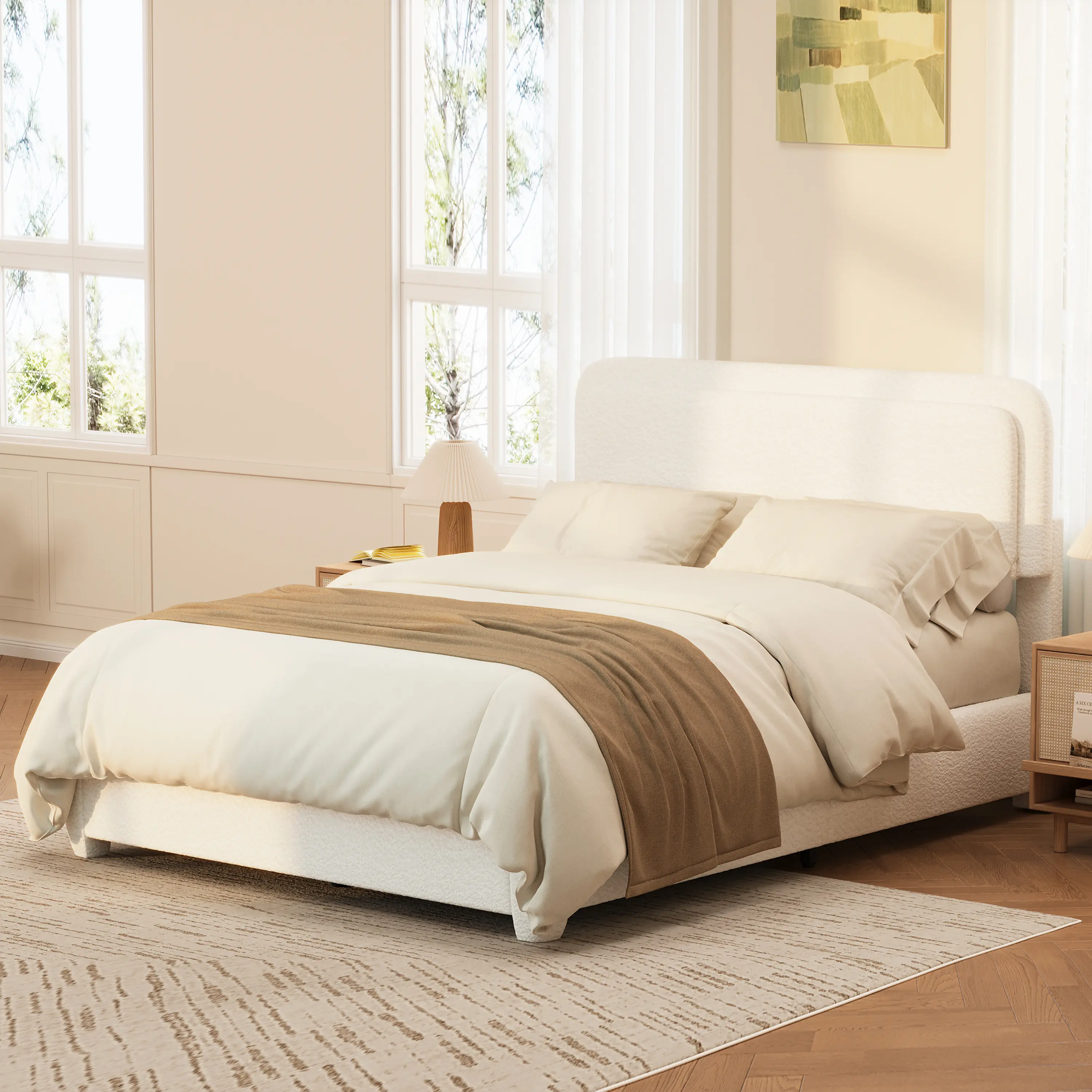 Boucle Full Bed Frame with Adjustable Height Headboard, Modern Platform Bed with Curved Cloud Headboard, Elegant Boucle Fabric Low Profile Platform Bed, No Box Spring Needed, Easy Assembly, White