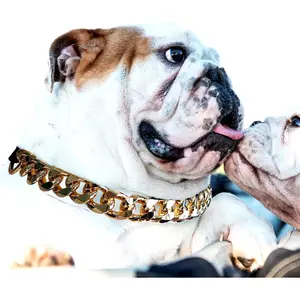 Gold Chain Dog Collar - 7/8 inch Wide Metal Cuban Link Dog Necklace with Leather Belt, Lightweight Protect Puppy's Neck, Cute Fashion Dog Jewelry Accessories 16 inches