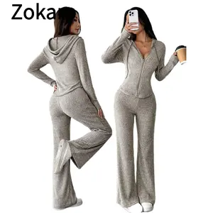 Women's Casual Hooded Zip-Up Jacket with Flared Ribbed Pants - Perfect for Spring/Fall, Cozy Loungewear, Trendy Streetwear, Casual Outfit, Fall Fashion, Everyday Comfort