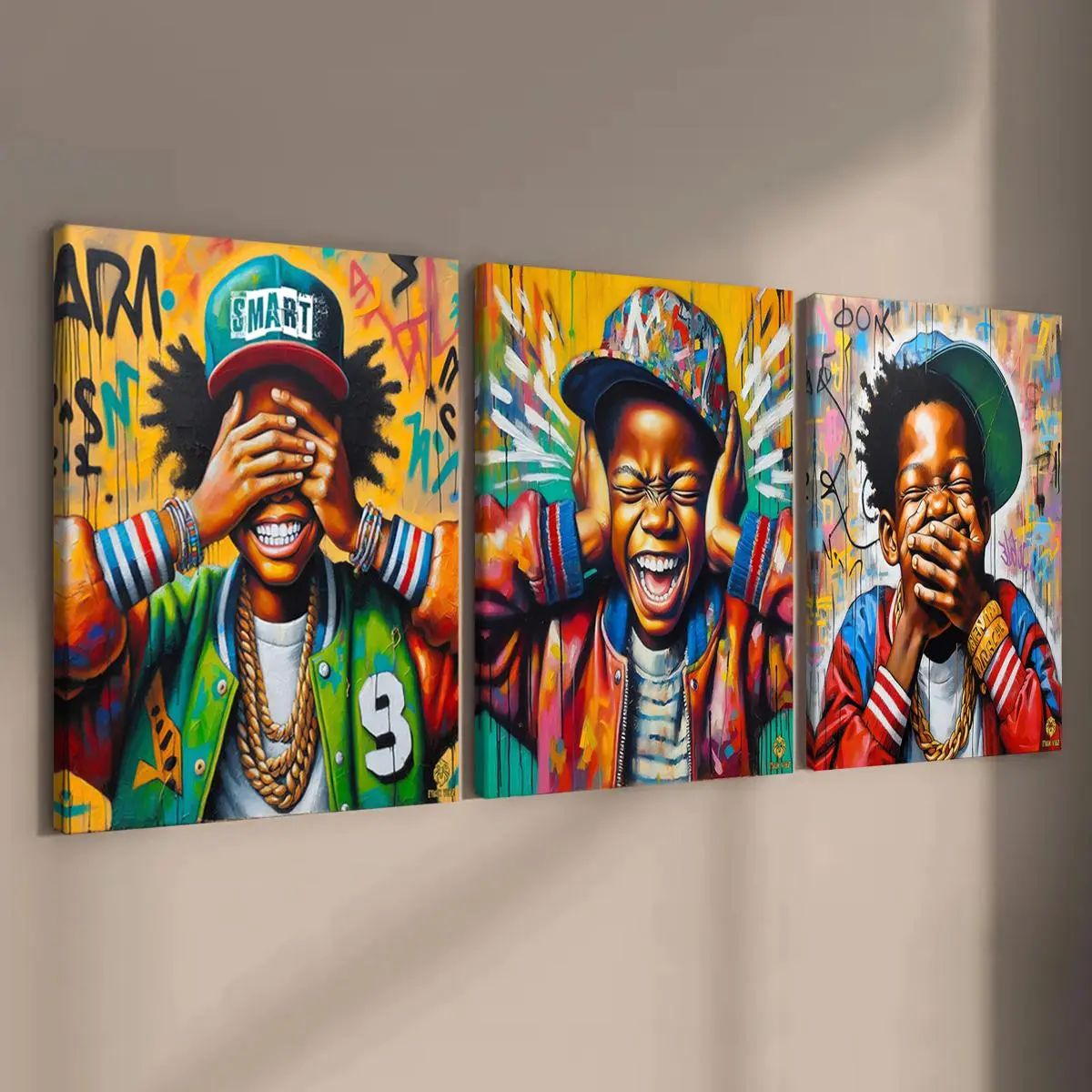 3-Piece Wood Frame Canvas Set, Graffiti Style Artistic Boy Art Poster, Vibrant Print, Modern Wall Art, Modern Home Decor, Waterproof, High Definition, Perfect Gift