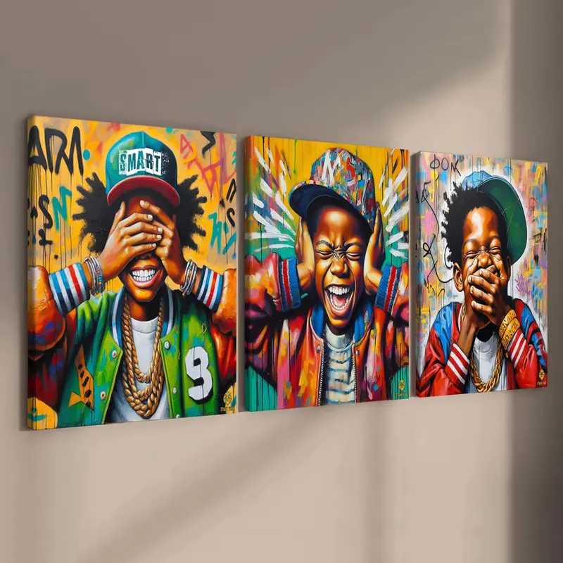 3-Piece Wood Frame Canvas Set, Graffiti Style Artistic Boy Art Poster, Vibrant Print, Modern Wall Art, Modern Home Decor, Wall Picture Decor, Waterproof, High Definition, Perfect Gift
