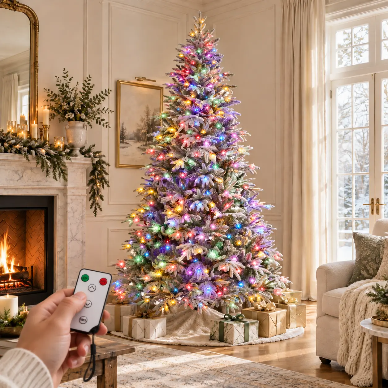 Costoffs 6/7.5FT Pre-Lit Flocked Artificial Christmas Tree, 2136 Realistic PE/Metal PVC+PE Plastic Tips, 450 Multicolored LEDs, Remote Control, 9 Light Modes, Hinged Branches, Foldable Metal Floor Stand for Home & Office Holiday Décor