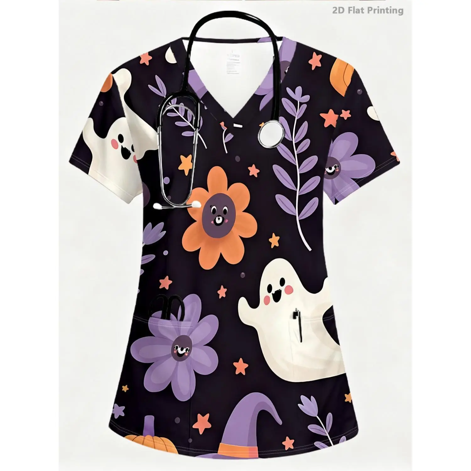 Women's V-Neck Caregiver Scrub Top - Halloween Cartoon Pumpkin & Floral Print, Comfortable & Durable Nursing Uniform with Two Pockets, All-Season Machine-Washable Workwear