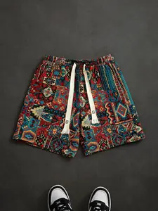 Ethnic Wind Printed Loose Fit Five-Quarter Men's Shorts, Retro Comic Street Style, Summer Beach Pants, Trendy Casual Outerwear