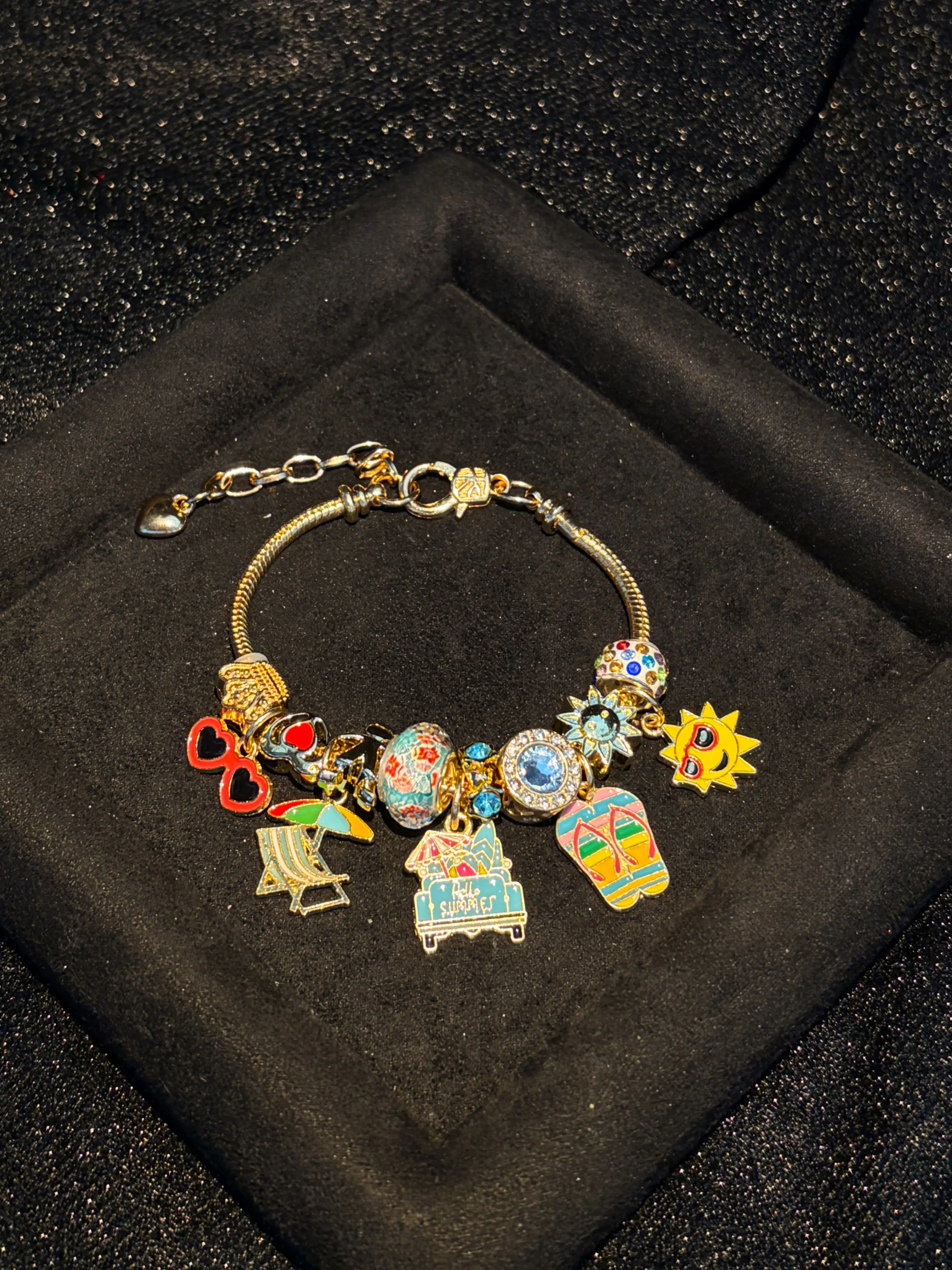 Gold‑Tone Snake Chain Charm Bracelet with Summer Beach‑Themed Enamel Dangle Charms, Holiday Jewelry Gift for Women