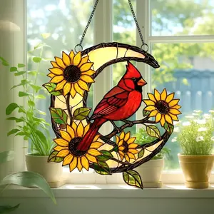 Cardinal Bird And Sunflower Acrylic Suncatcher: Bird Stained Acrylic Window Hanging Memorial Ornament, Home Decor