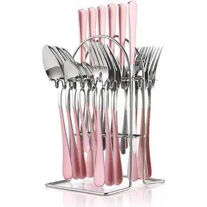 24 count Silverware Set, Stainless Steel Cutlery Set with Holder, Flatware Set for 6 Person Tableware Set Includes Dinner  Forks Spoons Teaspoons, Mirror Polished ()