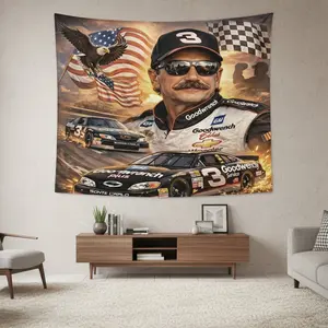 Vintage Racing Legend Wall Tapestry, American Flag Car Art Decor, Classic Motorsport Aesthetic Tapestry, Man Cave Room Wall Hanging
