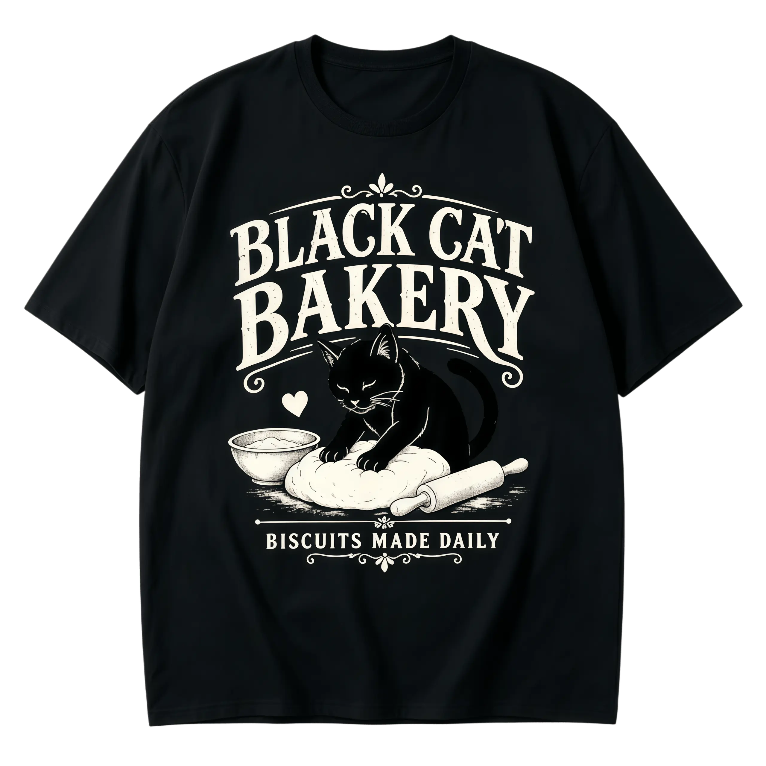 Graphic Tee Black Cat Bakery Biscuits Made Daily Cat Lover Art T-Shirt, Short Sleeve T Shirt, Casual T Shirt, Funny T Shirts,  T Shirt