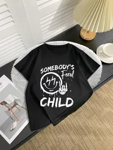 Boy's "SOMEBODY'S FERAL CHILD" Letter Print Round Neck Tee, Casual Short Sleeve Crew Neck T-Shirt for Daily Wear, Kids Clothing for All Seasons, Graphic Tees, Funny Print Shirts