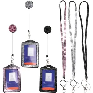 3pcs Rhinestone Bling Lanyard with ID Badge Holder Lanyard for ID Badge Diamond Crystal ID Card Holder Retractable Sparkly Lanyard with Metal Clasp Key Ring for Women