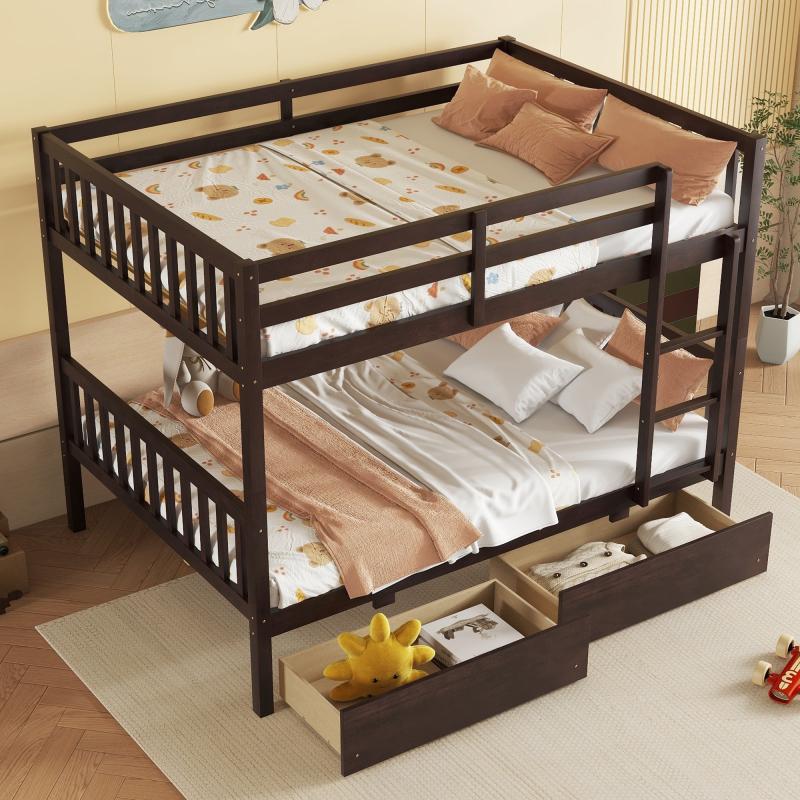 full Over full Rubber Wood Bunk Bed with 2 Drawers, Convertible into 2 full Beds, full Size Bunk Bed with Ladder and Safety Guardrails ,Espresso