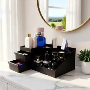 Premium Black Cologne Organizer for Men - 2-Drawer Vanity Case for Perfume Collections, Grooming & Beard Care Products