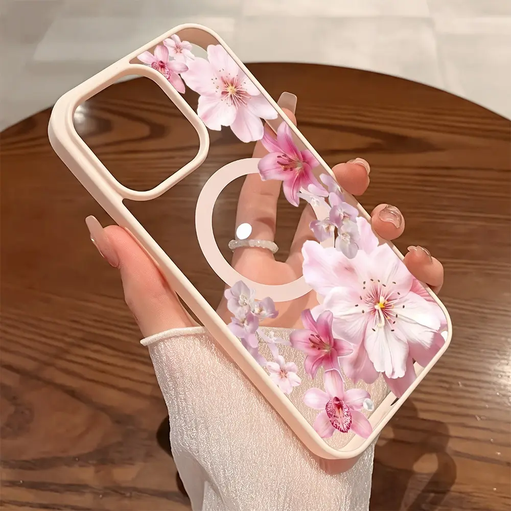 Premium Magnetic Phone Cases for iPhone11/12/13/14/15/16/17/Air/promax/Plus Pink Tropical Flowers CoquetPattern y2k cased MagSafe Ready, Anti-Fall, Springtok and Ultra-Thin Design