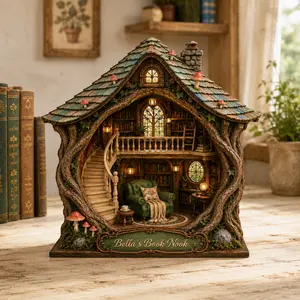 Personalized Forest Book Nook Wooden Block 3 Layer, Custom Name Woodland Reading Nook Decor, Cozy Bookshelf Insert, Book Lover Gift, Birthday Gift for Bestie