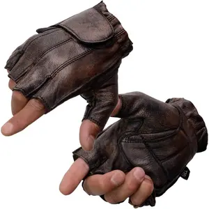 Men's Premium Brown Leather Gel Padded Palm Fingerless Motorcycle Hand Gloves