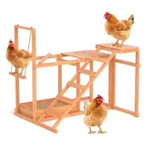 Chicken Activity Play, Multiple Chicken Perches with Swing Toy, Wooden Chicken Coop Accessory with Ladder & Platforms & Food Storage Outdoor Birds Toy Wooden Parakeet Swing and Ladder